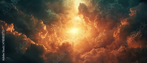 Symbol of faith on high, ethereal light among tumultuous clouds