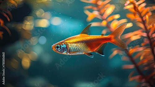 Macro image of a neon tetra fish in an aquarium