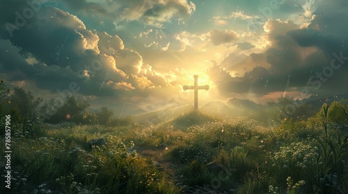 Cross on high ground, interplay of divinity's light and earth's form