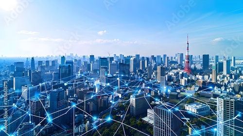 smart city with digital connections and urban development, symbolizing the integration of technology in sustainable living and business operations. 