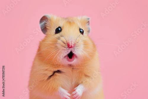 A hamster with a pink nose is looking at the camera