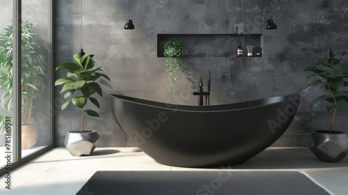A bathroom with a matte black freestanding bathtub and matching matte faucet fixtures. The lack of shine on these elements adds a sense of sophistication and subtlety to the room creating .