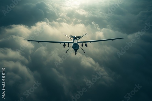 A military kamikaze drone in the sky. Aerial attack, modern warfare.