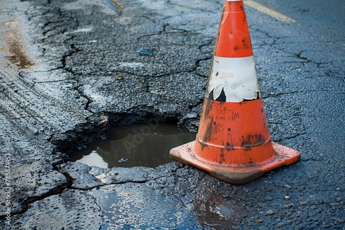 A road cone next to a large pothole on the road.