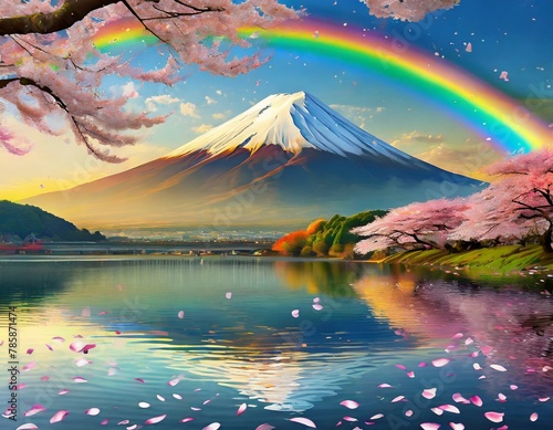 富士山と美しい桜と虹