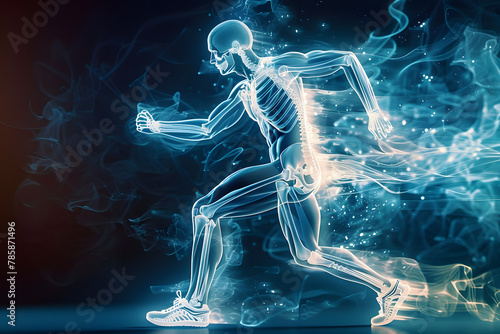 An illustration of orthopedic medical technology showing a man running with an x-ray of his skeleton