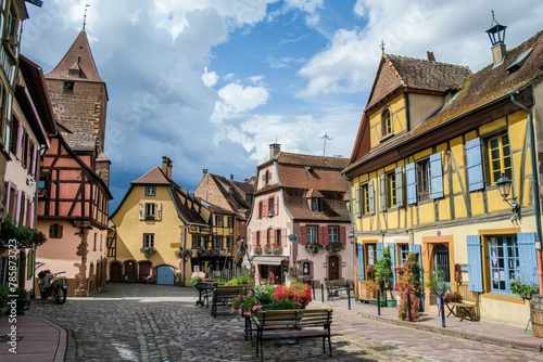 A charming European village square with cobblestone streets, historic churches, and colorful row houses, Generative AI