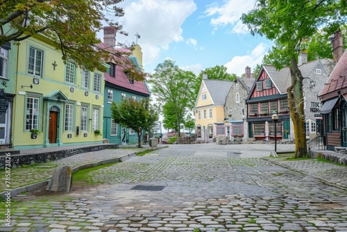 A charming European village square with cobblestone streets, historic churches, and colorful row houses, Generative AI
