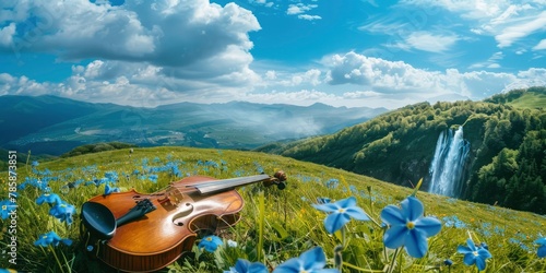A violin lying evenly on a grassy hill with blue flowers and a waterfall, bluish sky with white clouds