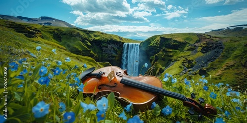 A violin lying evenly on a grassy hill with blue flowers and a waterfall, bluish sky with white clouds