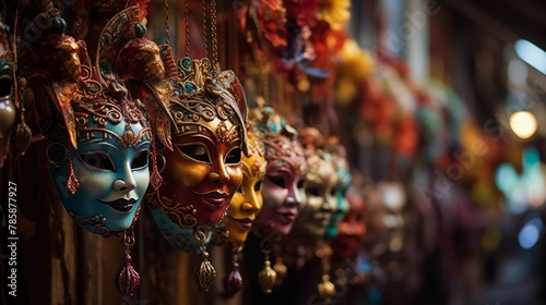 Carnival masks hanging on display at a street vendor's stall