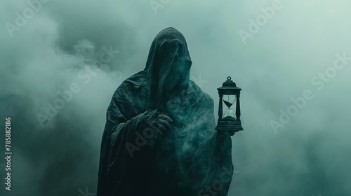 Metaphorical depiction of death in the form of a ghostly figure shrouded in fog holding an hourglass, symbolizing the passage of time and the inevitability of mortality