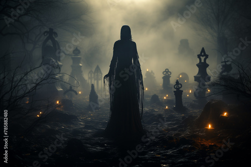 A ghostly figure moving through a misty graveyard in the evening. Spooky concept.