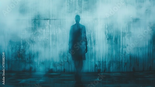 Mysterious figure behind fogged glass, inducing uncertainty