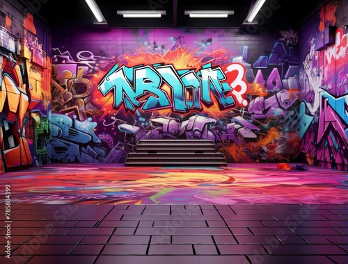 A cement wall which has plenty of colorful graffiti style art texts on the surface of the wall, displaying in an empty room with some bright light. Generative AI.