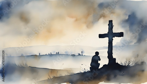 Watercolor painting of people praying in front of the cross.