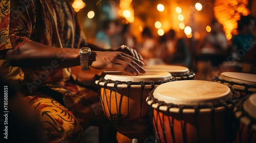 Close-up of hands playing traditional Brazilian percussion instruments like the surdo and tamborim