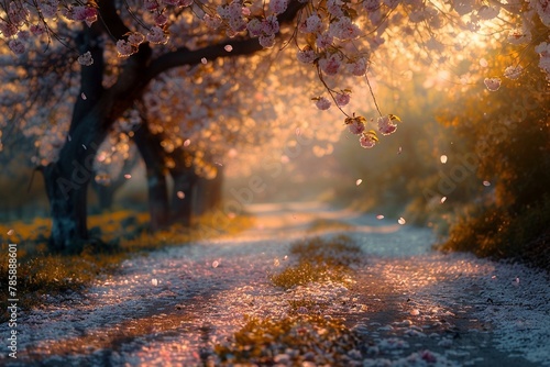 Camino cubierto de pétalos con árboles en flor, bañado por la luz dorada del atardecer
