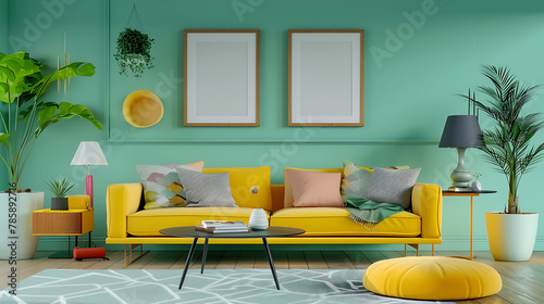 Minimalist design apartment, wall with 2 or 3 photo frames, modern living room, colorful furniture, perpendicular composition