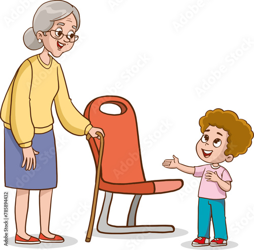 The child gives way to the grandmother on public transport. Manifestation of goodness. Good deeds. Vector illustration