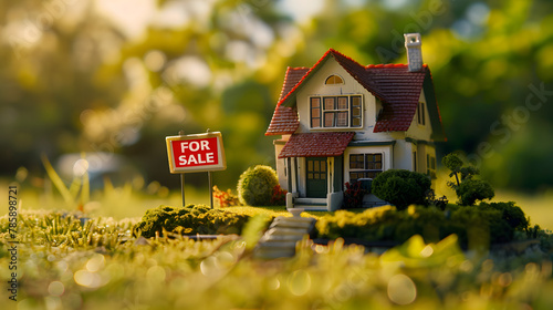 A cozy suburban home with a bright FOR SALE sign on the front lawn, inviting potential buyers, house with sign FOR SALE, blurred background, with copy space