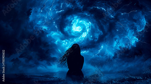 Silhouette of a woman is sitting amidst a cyclone, surrounded by thunder, waves, and a vortex symbolizes the chaos, frustration, mental disorder and turmoil one may feel