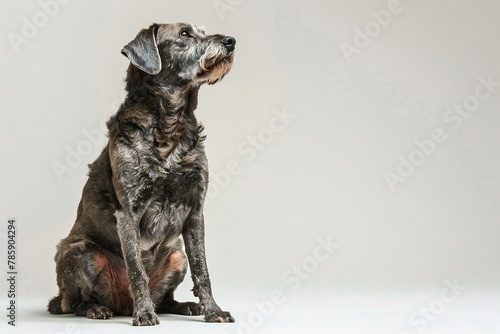 Studio portrait of a mixed breed dog sitting on gray background with copy space