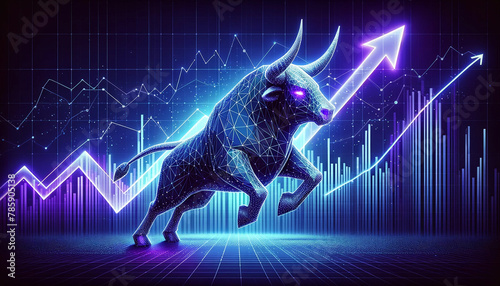 A bull with wireframe on a line going up and stock market background. Concepts of exchange and stock market with symbol of digital coin.