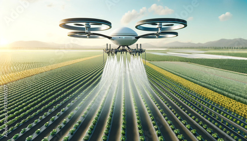 Drone is spraying a field of crops with water. The drone is flying low over the field, and the water is being sprayed evenly across the entire area. The scene is peaceful and serene