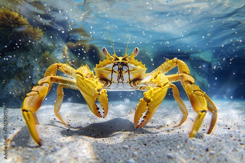 Underwater scene with a yellow crab in the ocean, Underwater life