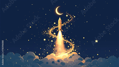 A rocket ship blasting off into space with stars and a crescent moon in the background.