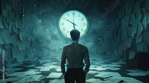 A striking visual metaphor for stress and time management, with a person standing before giant clock