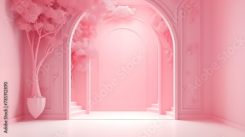 pink floral 3d background, in the style of dreamlike architecture, lightbox, arched doorways