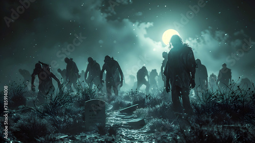 Haunting Horde of Undead Creatures Emerge Under Moonlit Cemetery Skies