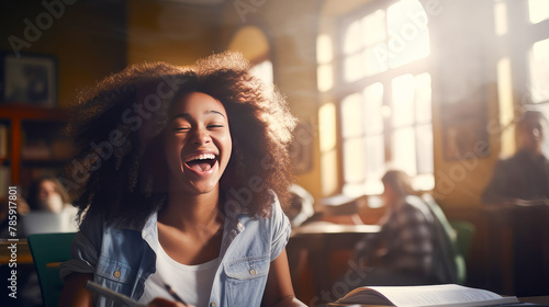 A happy young dark-skinned, black, African-American girl rejoices at a letter from an educational institution about admission.