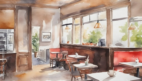 Watercolor painting of street, outdoor, shop, cafe. 