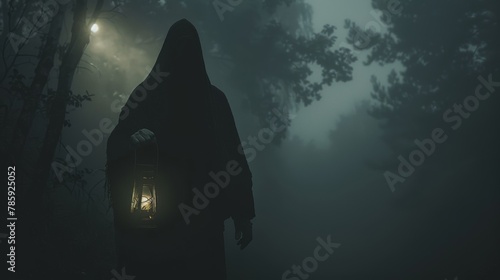 Ominous Silhouette Holding Lantern in Dense Fog Low-Angle Capture.