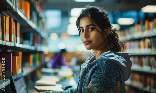 Studious Indian Woman Pursuing Knowledge Amidst Library's Scholarly Ambiance