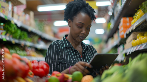 The atmosphere is bustling yet controlled, as the owner harnesses technology to optimize efficiency and drive growth in her supermarket.