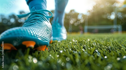 Close-up of soccer cleats on the grassy field