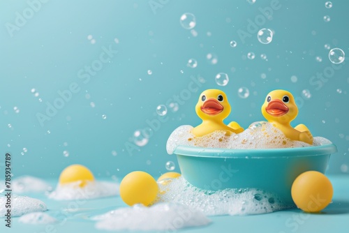 give yellow rubber ducks in a blue basin with beautiful soap foam, suitable for advertising bubble baths, shampoo and other cleanliness products