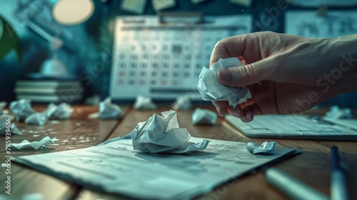 A hand crumpling a piece of paper with a looming deadline calendar in the background, symbolizing the overwhelming pressure of work and approaching deadlines.3D rendering