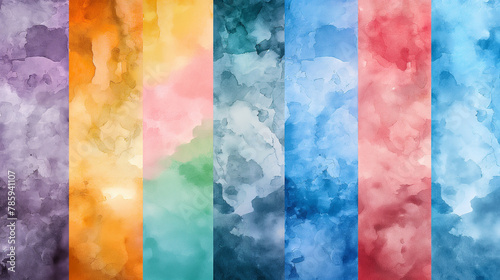  A set of watercolor textures with soft pastel colors, arranged in vertical rows for seamless background patterns. The textures are in the style of various artists