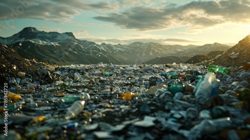 A overflowing landfill overflowing with plastic waste, a stark reminder of the pollution crisis linked to global warming.3D rendering.