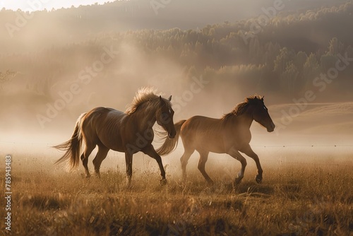 Two horses running together in a field