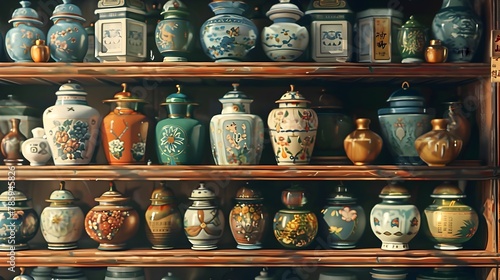 Vibrant and Intricate Ancient Chinese Apothecary with Rows of Ceramic Jars and Traditional Herbal Remedies