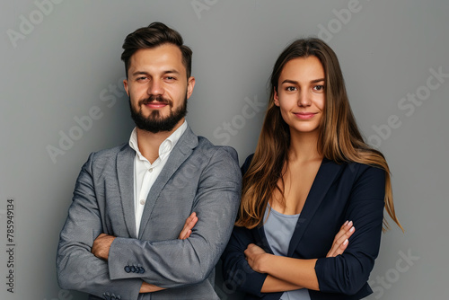 Business partners posing in front of gray background, looking at camera and smiling