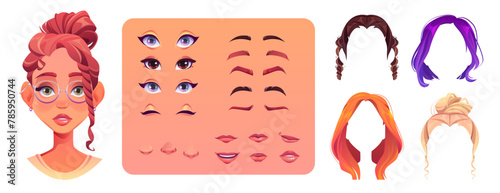 Young woman face construction set isolated on white background. Vector cartoon illustration of female character avatar design elements, color hairstyles, ears, eyes, eyebrows, mouth, nose, eyeglasses