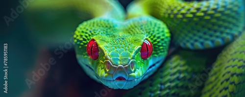 A vivid detailed close-up highlights the entrancing red eyes and textured scales of a green snake.