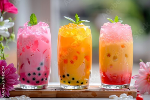 Varieties of oolong bubble tea with tapioca pearls in milk tea for a refreshing twist
